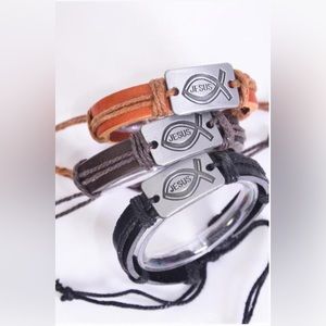 6 Pack Real Leather Band Jesus Fish Symbol Bracelets Wholesale Lot Box